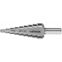 Сверло STAYER "MASTER" ступенчатое по сталям и цвет.мет., сталь HSS, d=4-20мм, 9ступ.d 4-20, L-75 мм,трехгран. хвост. 8мм 29660-4-20-9