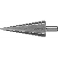 Сверло STAYER "MASTER" ступенчатое по сталям и цвет.мет., сталь HSS, d=4-30мм, 14ступ.d4-30, L-100мм, трехгран. хв.10мм 29660-4-30-14