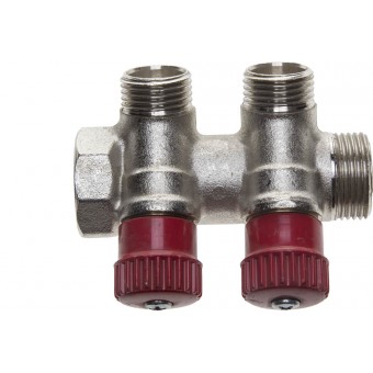 Коллектор GENERAL FITTINGS для горячей воды, вентили, никелированная латунь, вход 3/4" - 2 выхода 1/2" 51046-3/4-1/2-HT2
