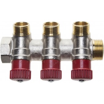Коллектор GENERAL FITTINGS для горячей воды, вентили, никелированная латунь, вход 3/4" - 3 выхода 1/2" 51046-3/4-1/2-HT3